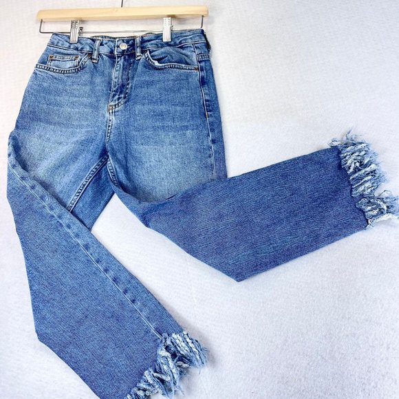 TOPSHOP Womens 25 Petite Stretch Moto Fringe Hem High Rise Denim Jeans Pockets - Picture 1 of 9